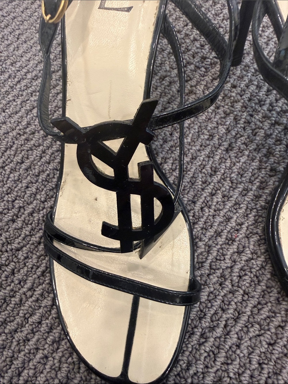 Saint Laurent Black Patent YSL Logo Strappy Heels - Picture 3 of 3
